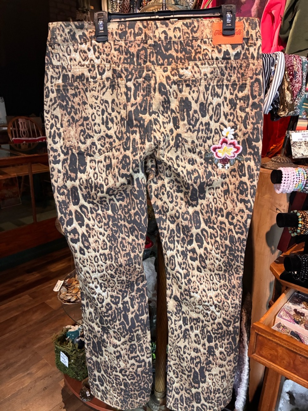 Women’s Leopard Print Boot Cut Jeans with Floral Embroidery - Khaki - Picture 5 of 10